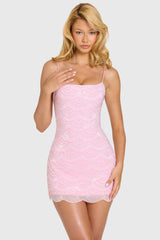 Embellished Square-Neck Mini Dress in Bubblegum Pink