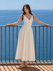 V-Neck Fitted Waist Maxi Dress with Bow Straps