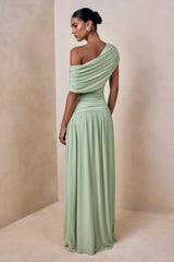 Emberly | Green Draped Asymmetric-Neck Maxi Dress With Drop-Waist