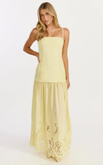 Everly Maxi Dress - Straight Neck Broderie Cut Out Hem Dress in Lemon