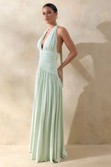 Bettina | Sage Plunge-Neck Maxi Dress With Gathered-Detailing
