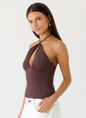 Allira Linen Halter Top - Chocolate Drizzle