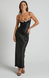 Harmony Maxi Dress - Floral Detail Cup Bust Satin Dress in Black