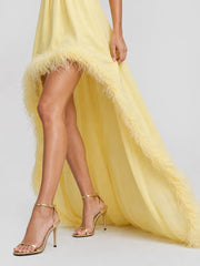 Feather Trim Halter Chiffon Maxi Dress