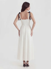 V-Neck Fitted Waist Maxi Dress with Bow Straps