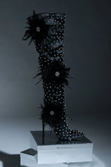 AZALEA WANG TARYN BLACK SATIN FEATHER FLOWER THIGH HIGH BOOT