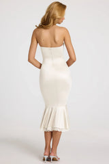 Satin Lace-Trim Bandeau Fluted Midaxi Dress in White