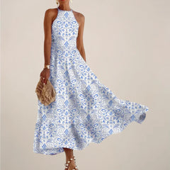Women’S Printed Halter Neck Maxi Dress – A-Line Flowy Summer Dress
