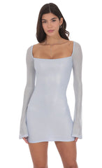 Foil Long Sleeve Bodycon Dress In Baby Blue