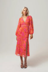 Pia Pink Print Midi Dress With Billowed Sleeves