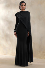 Salenne | Black Round-Neck Maxi Dress With Satin Asymmetric-Cape