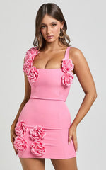 Emmy Mini Dress - Rosette Detail Fitted Dress in Bubblegum Pink