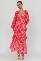 Veda Long Sleeve Floral Tiered Ruffle Maxi Dress Pink