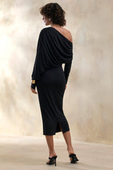 Dalissa | Black Asymmetric-Neck Midi Dress With Draped-Detailing