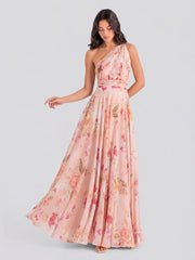 Bouquet Floral A-Line One Shoulder Chiffon Dress