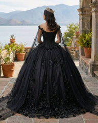 Black Ball Gown Quinceanera Dresses with Flowers