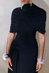 Evelisse | Black High-Neck Maxi Dress With Short-Cape Sleeves