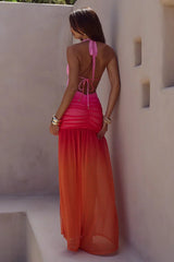 ADRIANNA PLUNGE RUCHED MAXI DRESS - TROPICALE OMBRE