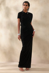 Gisara | Black High-Neck Maxi Dress With Sash And Draped-Detailing