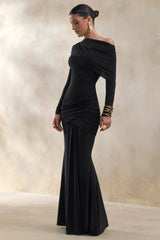 Kessara | Black Asymmetric-Neck Maxi Dress With Sash And Gathered-Detailing