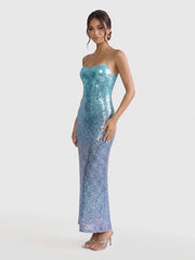 Gradient Ocean-Hued Sequin Maxi Dress