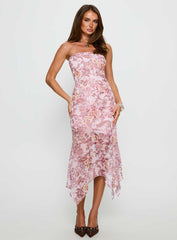 Coralis Strapless Asymmetrical Midi Dress Pink Paisley