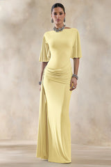 Emerelle | Lemon Wide-Neck Maxi Dress With Sash And Draped-Detailing