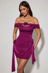 Floral-Detail Off-Shoulder Ruched Bodycon Mini Dress in Plum