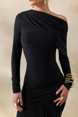 Kessara | Black Asymmetric-Neck Maxi Dress With Sash And Gathered-Detailing