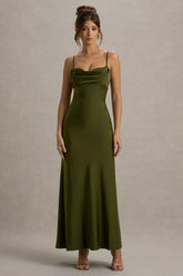 Eimear | Olive Green Satin Draped Sweetheart Maxi Dress