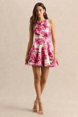 Waverly | Pink Rose Print Racer-Neck Sleeveless Skater Mini Dress