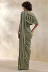 Gisara | Olive High-Neck Maxi Dress With Sash And Draped-Detailing