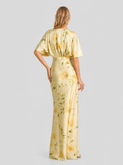 Floral Print Satin Plunge-Neck Maxi Dress