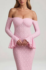 Off-Shoulder Ruffle Lace Maxi Dress in Soft Pink