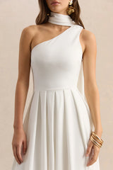 Odette | White Asymmetric-Neck Midi Dress With Scarf