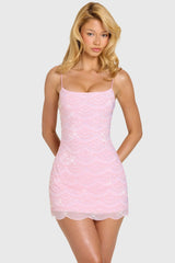 Embellished Square-Neck Mini Dress in Bubblegum Pink