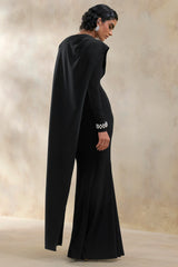 Salenne | Black Round-Neck Maxi Dress With Satin Asymmetric-Cape