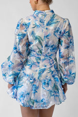Hazel Blue Print Mini Dress With Long Sleeves