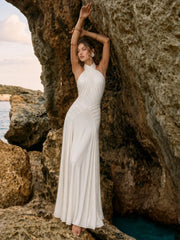 Open Back Pleated Halter Maxi Gown