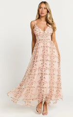 Amalie The Label - Lou V Neck Embroidered Tulle Midi Dress - In Blush