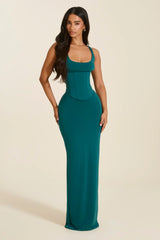 The Sandra Scoop Corset Maxi Dress in Teal