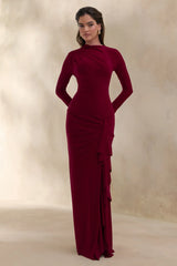 Karessa | Berry High-Neck Maxi Dress With Gathered Detailing And Front-High Split