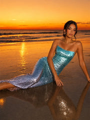 Gradient Ocean-Hued Sequin Maxi Dress