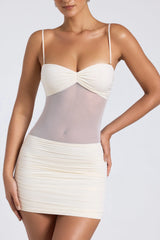 Sheer Panelled Ruched Mini Dress In Ivory