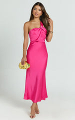 Carmella Midi Dress - One Shoulder Twist Detail Dress in Fuchsia