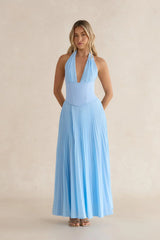 Paradise Falls Plisse Halter Maxi Dress Light Blue