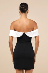 Extravagant Moment Black and White Off-the-Shoulder Mini Dress