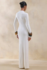 Karessa | Cream High-Neck Maxi Dress With Gathered Detailing And Front-High Split