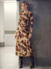 Abstract Print Twisted Mesh Midi Dress