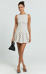 Brooke Mini Dress - Boat Neck Drop Waist Dress in Cream Polka Dot